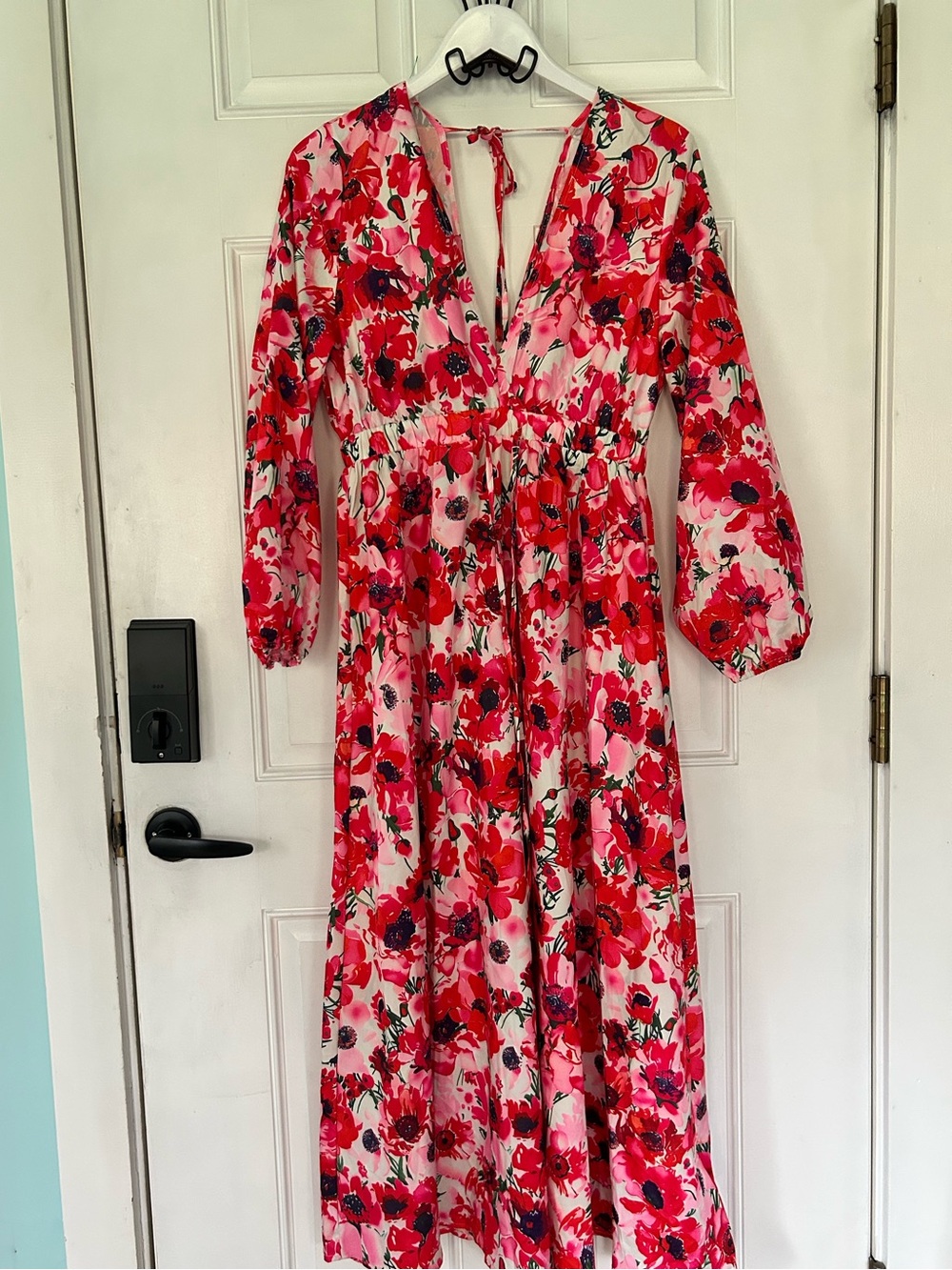 Floral V-Neck Maxi Dress in Pink & Red with Tie-Back
